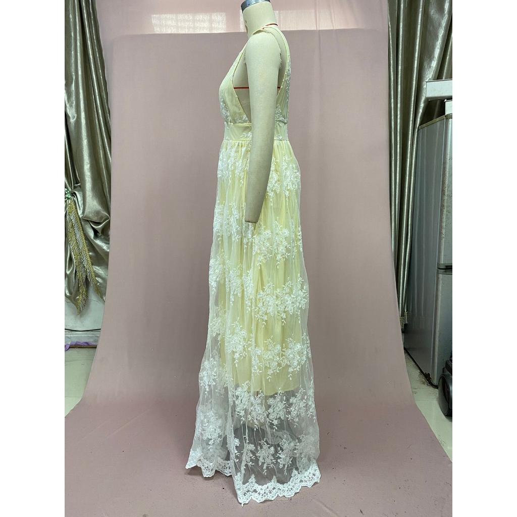 Women's Summer New Sheer Mesh Backless Dress - Deep V Neck Lace Long Gown with Spaghetti Straps, Elegant Evening Dress