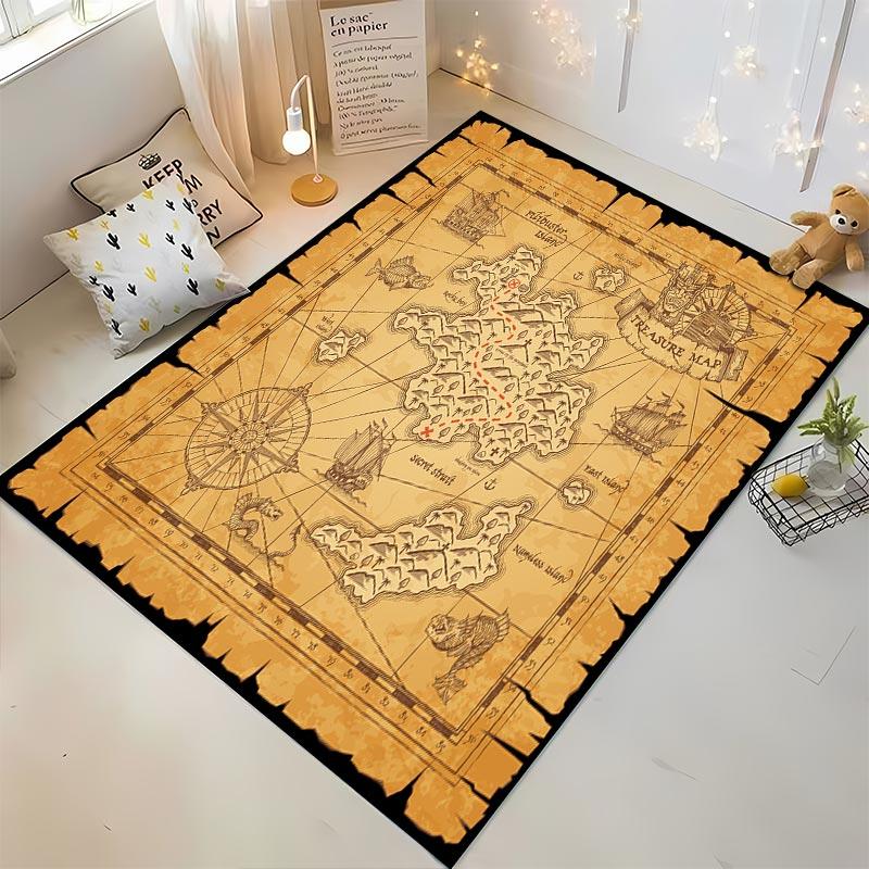 Vintage Treasure Map Style Carpet with Nautical and Ship Design Suitable for use as an anti-slip for living room bedroom sofas