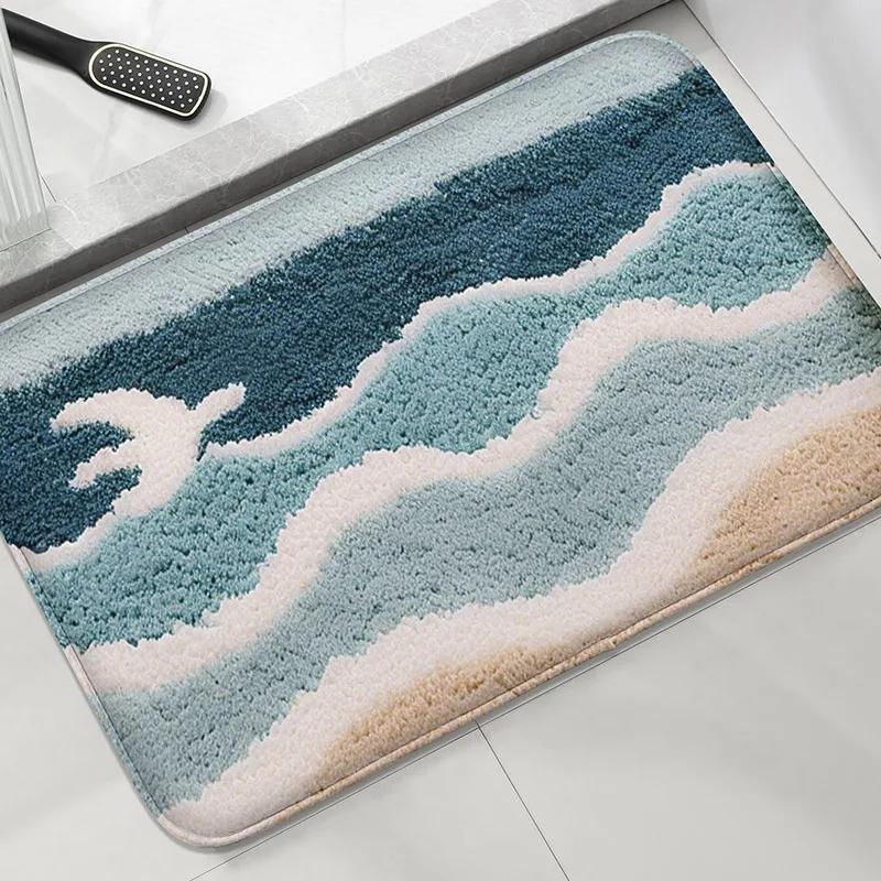 Seaside Bathroom Mat Set Toilet Water Absorbing Foot Mat Home Decor Door Mat Machine Washable