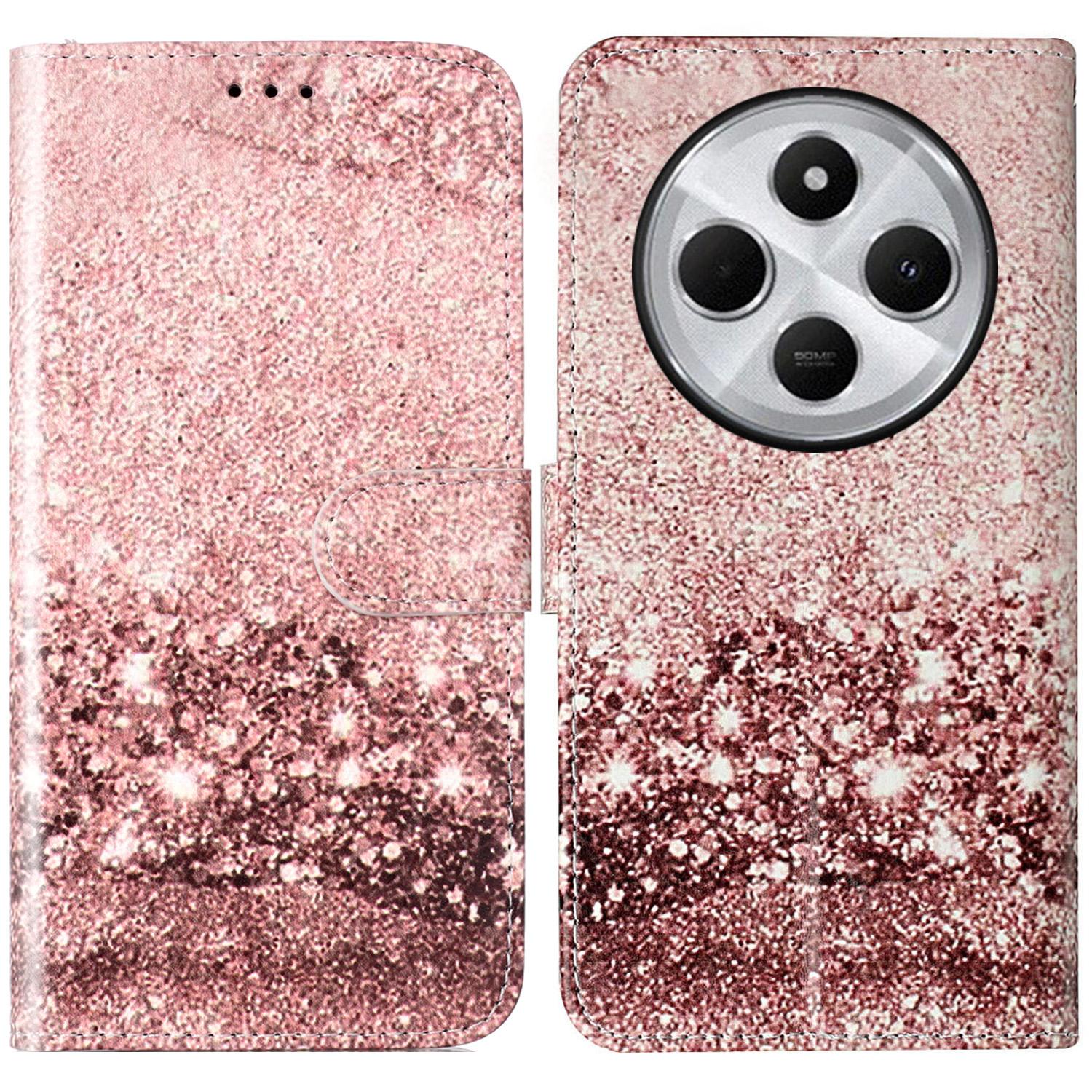 

For Xiaomi Poco C75 4G/Redmi 14R 5G/14C 4G Case Pattern PU Leather Flip Phone Cover Rose Gold Marble