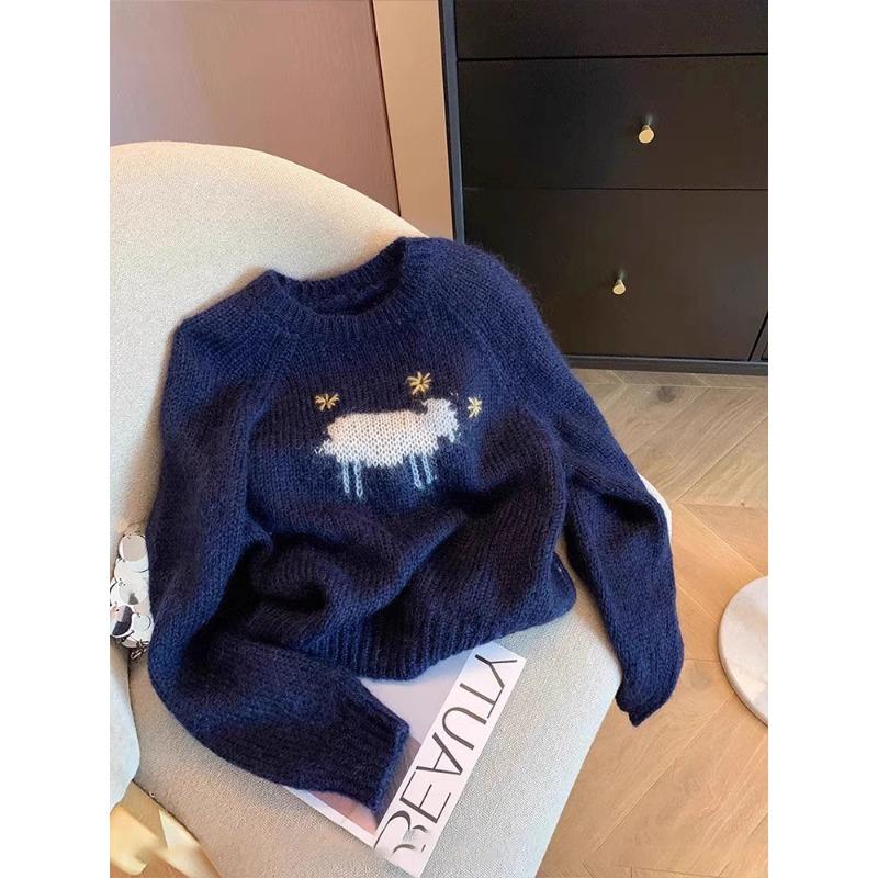 

Today s popular beautiful female navy blue lamb embroidered crew neck soft waxy sweater versatile knitted sweater S