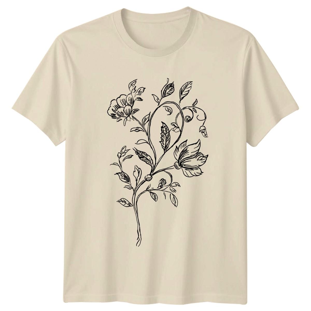 Elegant Black Outline Botanical Floral T-Shirt Line Art Nature XXXXL