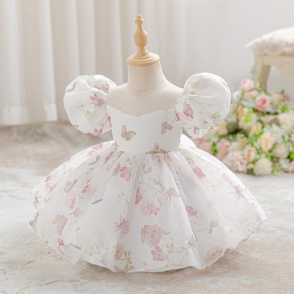 Printed Girls' Formal Floral Puff Sleeve Princess Dresses