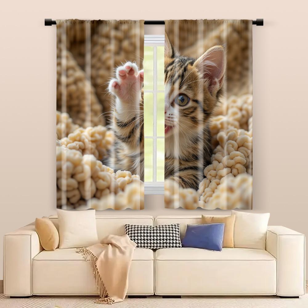 Set aus 2 Filtervorhängen Ohne Stangen Nicht verschiebbar Ohne Batterien Niedliche Katze Verwendung Schlafzimmer Wohnzimmer Vorhang Polyester Perfekt für Bereich
