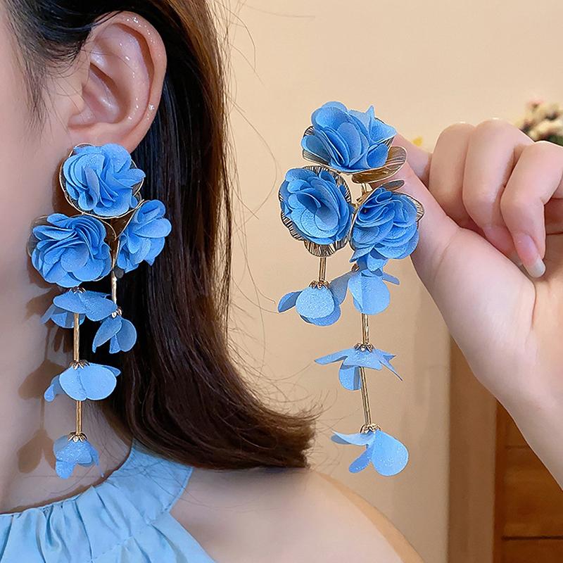 Sommer Chiffon Blumen Quasten Ohrringe für Frauen Urlaubsstil Übertrieben Süße Hängeohrringe Schmuck Accessoires Geschenke