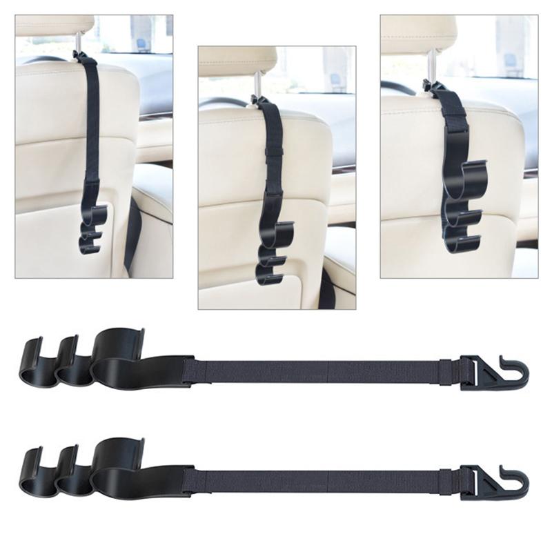 2pcs Car Headrest Hooks With 3 Multi-function Hangers, Rear Seat Back Storage For Purse Handbag Coat Grocery Umbrella