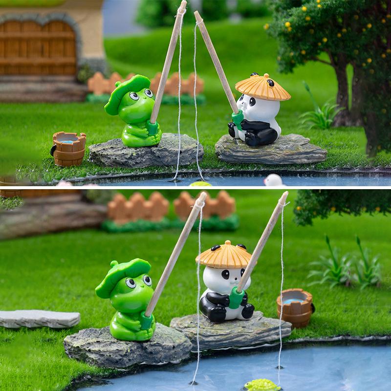 New Fishing Frog Panda Ornament Creative Cartoon Animal Figure Doll Fish Tanks Aquarium Hangable Decor Desktop Decoration