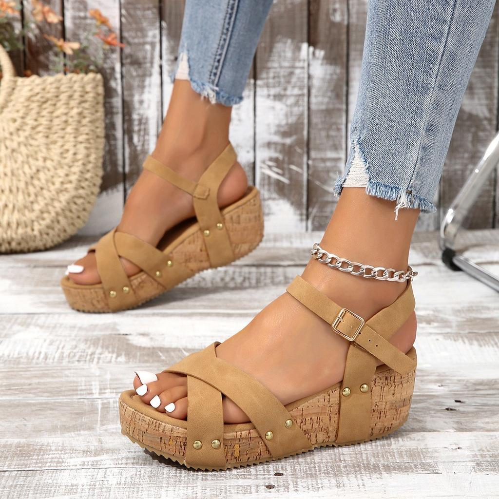 Summer  Buckle Strap Wedge SandlesBrand Design Chunky Platform Sandals for Women  Woman Rivet Thick Sole Gladiator Sandalias