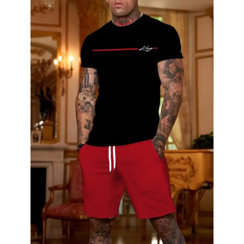 Summer Letter Print Men's T-shirt Shorts 2-piece Set 2025 Men's Clothing Quick Drying Sports T-shirt Elastic Waist Shorts Set