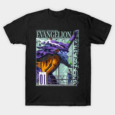 Men Black Print T-shirt Super Large TShirtevangelion - Neon Genesis Evangelion No-Cut Transfer Paper Print Cotton Tshirt