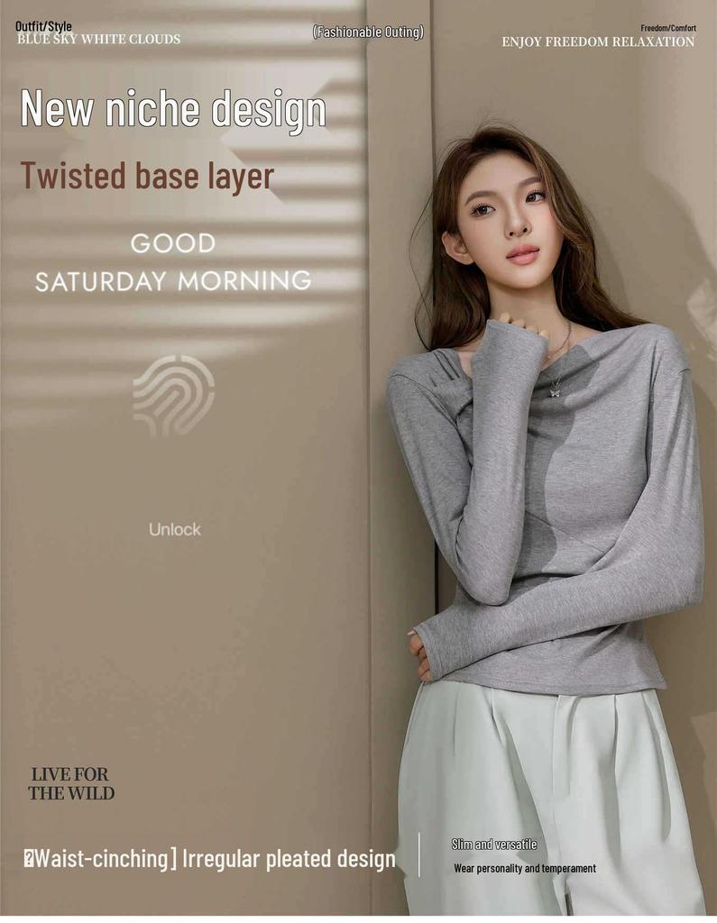 Autumn 2025 French Knitted Straight Shoulder Twisted Long Sleeve Women's Top