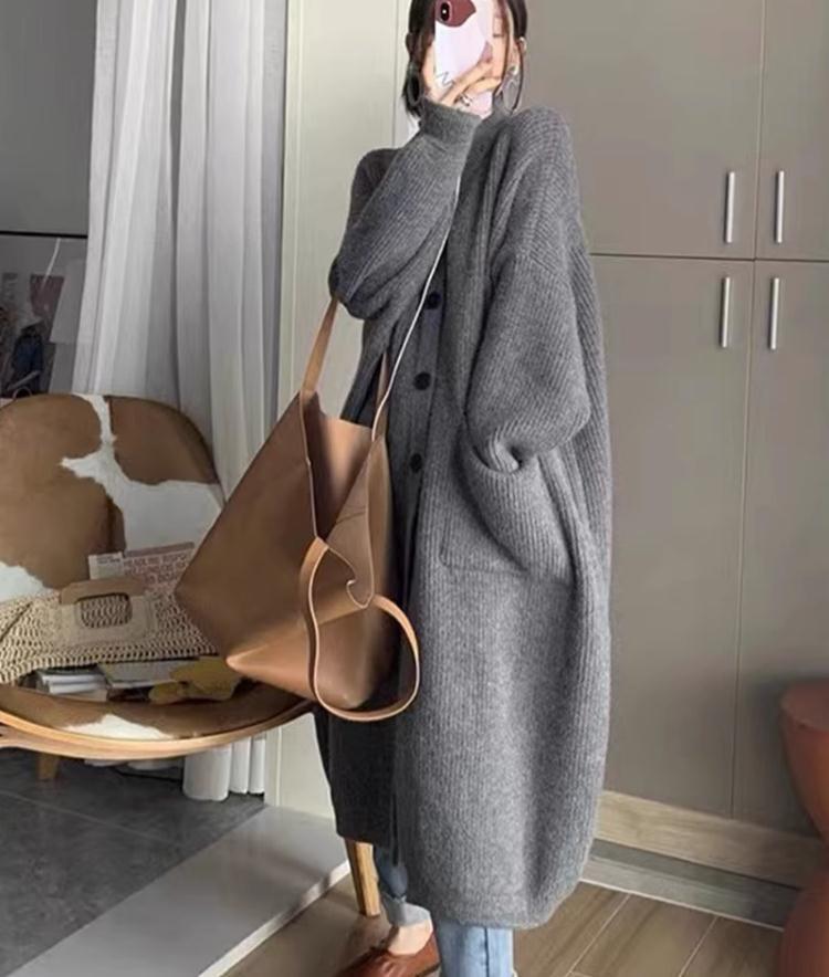 Korean High Neck Women's Knit Cardigan Sweater - Single Breasted, Solid Color, Long Sleeve, Autumn Winter Long Coat