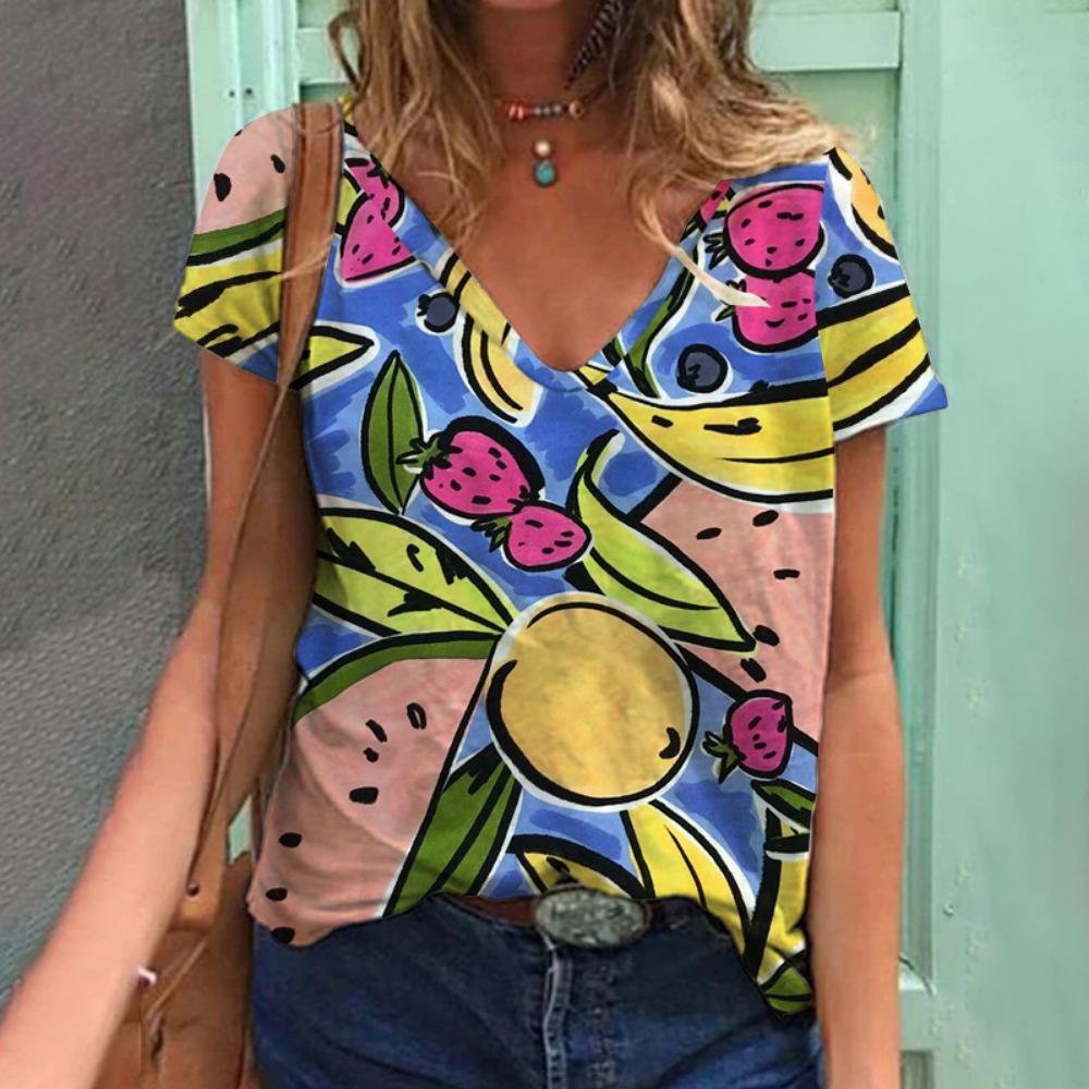Tropical Plant Fruit 3D Printing T-shirt Summer Women's V-neck T-shirt Street Women's Clothing
