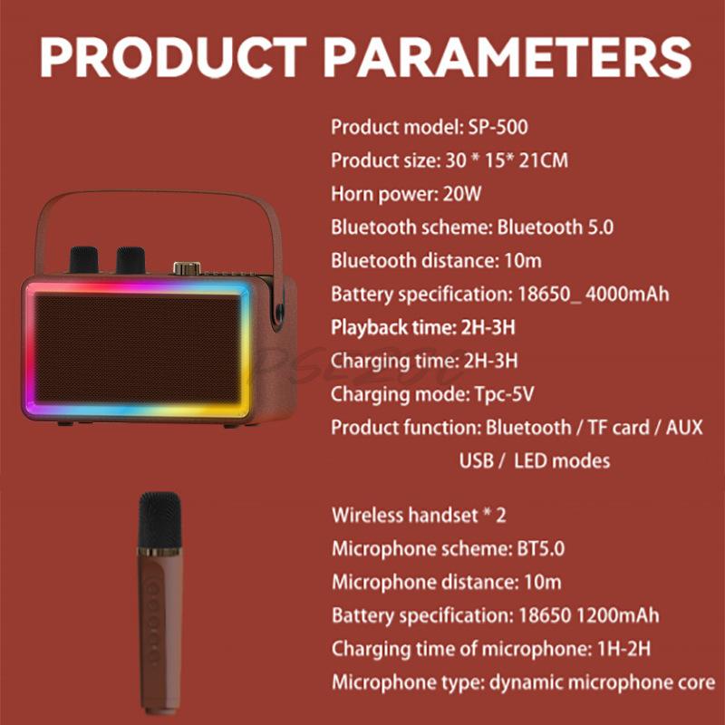 Retro Karaoke Wireless Bluetooth Speaker Microphone All In One Outdoor Family Gathering Set KTV Dual Mic LED