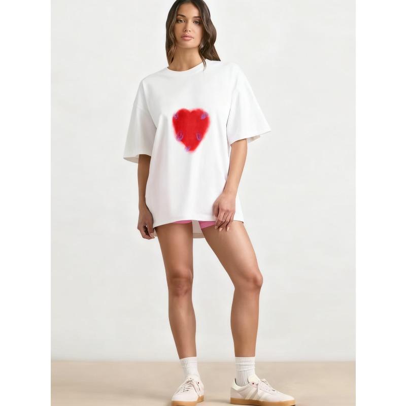 Oversized T Shirt Black Red Heart Print Casual Streetwear Women Fashion Top Summer Outfit