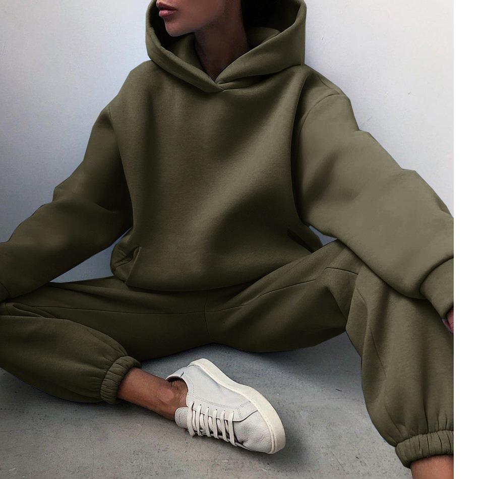 

Жіночі спортивні костюми, повсякденні однотонні спортивні костюми з довгим рукавом і капюшоном, осінні теплі толстовки, світшоти та довгі штани, комплекти з двох частин XL армія зелений колір