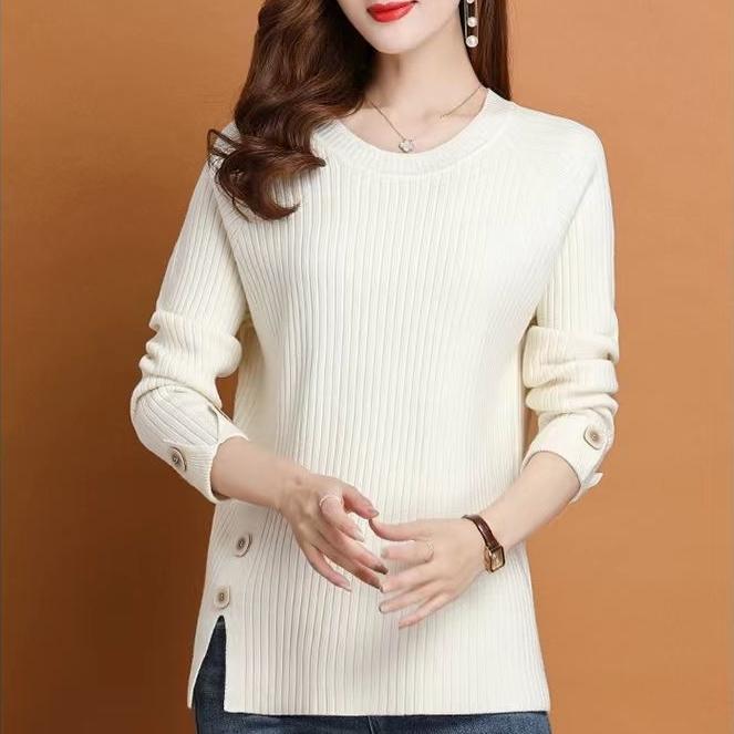 Fall/Winter Women's Crewneck Sweater Loose Slit Knitwear Pullover Solid Color Stretch Knit Top