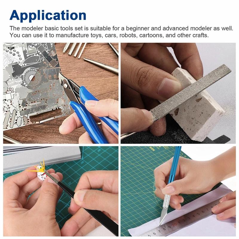 Portable Moddeler Tool Set with Storage Box Beginner Basic-Model Assembly Tweezers Pliers Sandpaper for Model Building Repairing