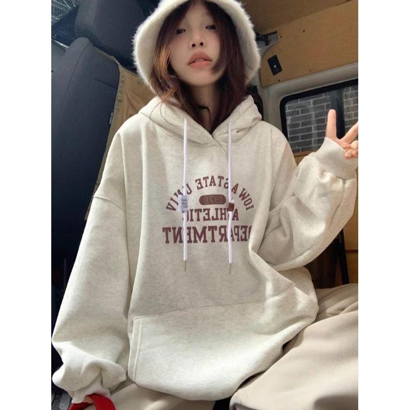 Retro Print Drawstring Hoodie Female New Arrival Loose and Lazy Style Autumn Fleece Thick Warm Jacket Tops
