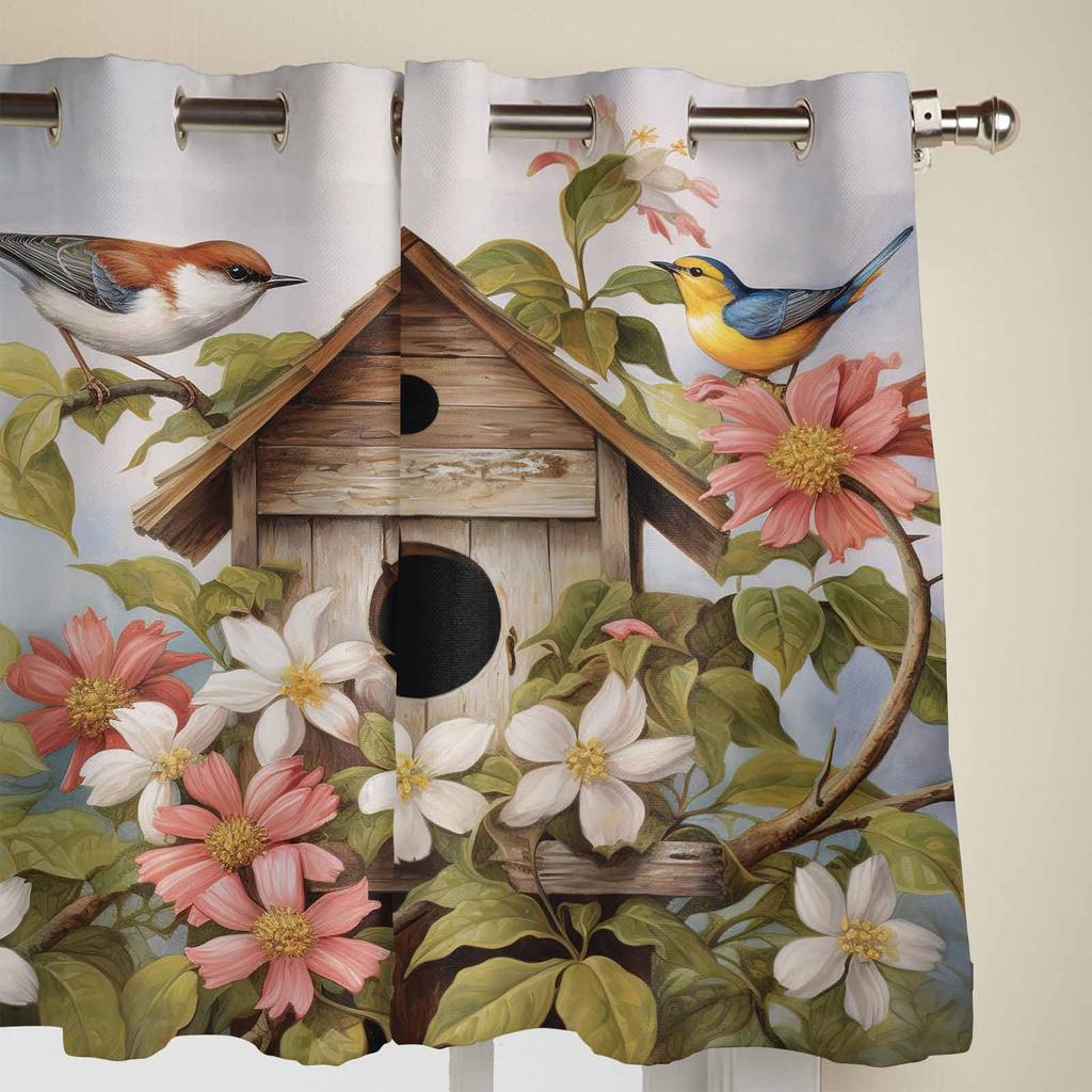 Spring Vintage Birdhouse Flowers Birds Window Curtains for Living Room Luxury Bedroom Curtain Kitchen Blinds Drapes Curtains