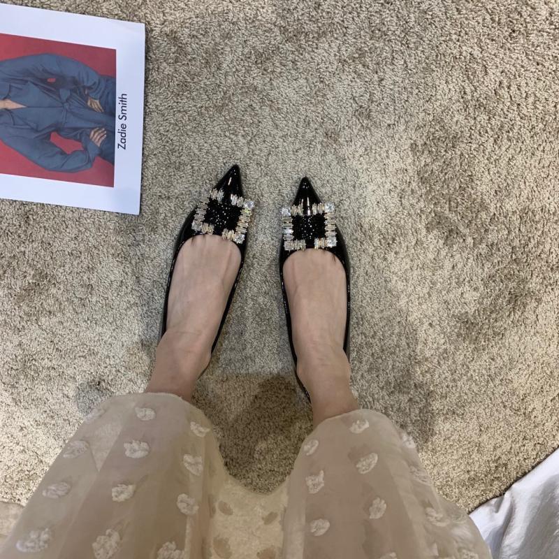 Large size pointed single shoes women's spring and summer new versatile rhinestone late evening breeze gentle laden shoes soft leather soft bottom fl