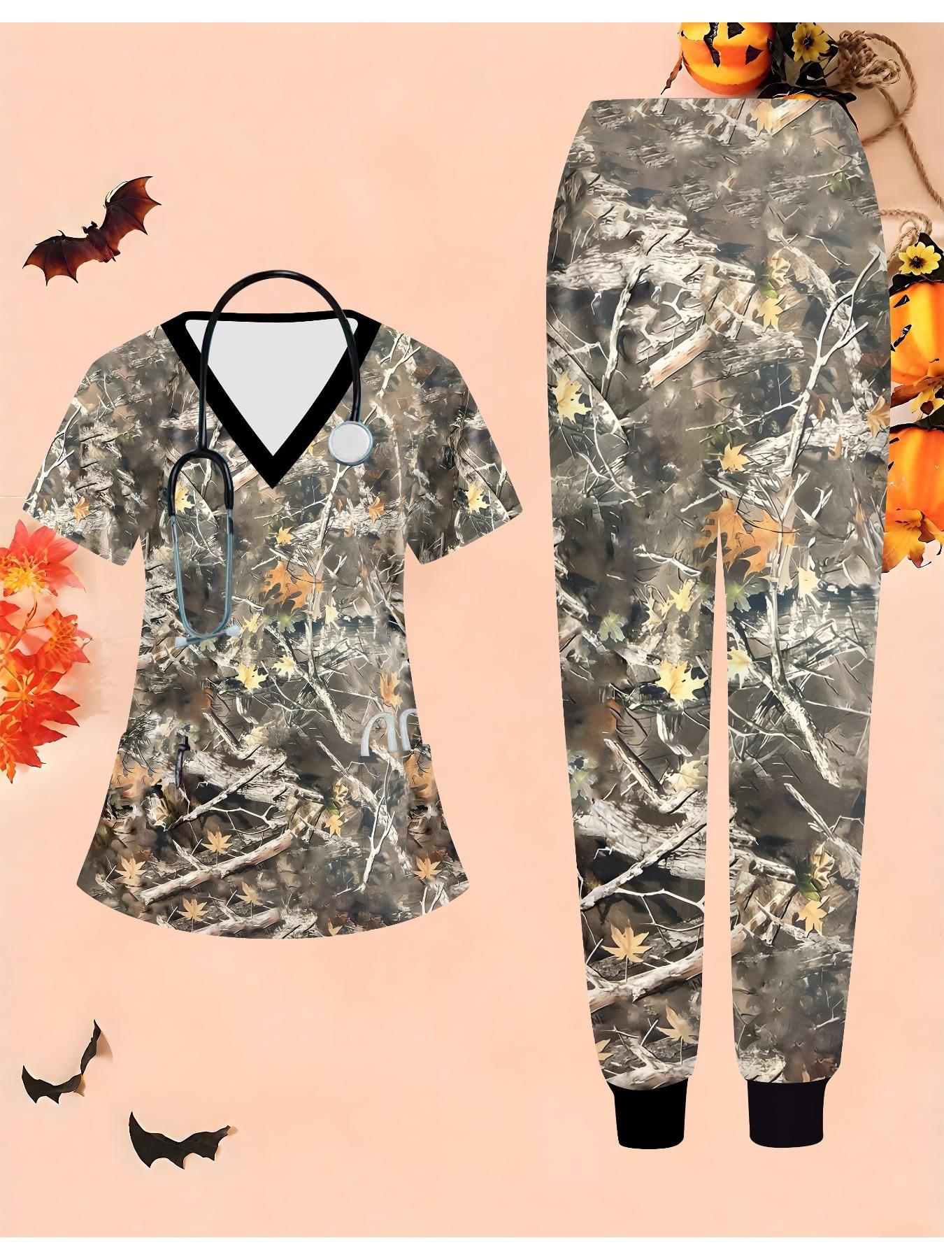 

Жіночий набір медсестри з 3D квітковим принтом, короткий рукав, довгі штани з кишенями, повсякденний, модний, різдвяний подарунок XXL коричневий