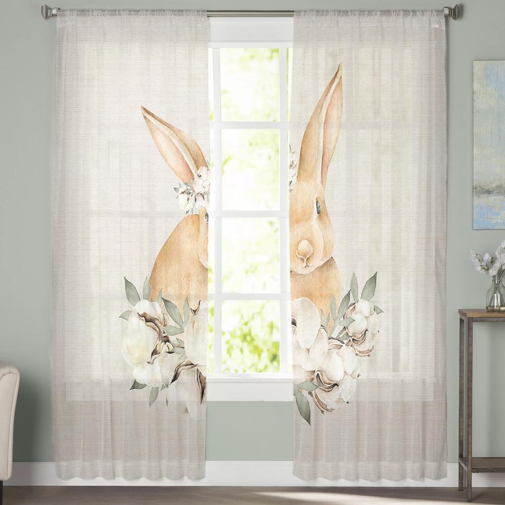 Easter Watercolor Cotton Bunny Tulle Curtains For Living Room Bedroom Voile Sheer Curtain Window Home Decor Drapes