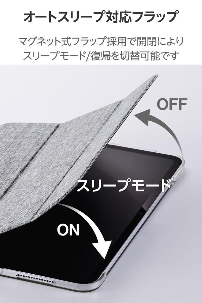 Elecom IPad Pro Fabric Flap Slim and Clear 11-inch (M4) Case, Case, Lightweight, Back, 2-Angle, Gray, TB-A25PMWVCGY