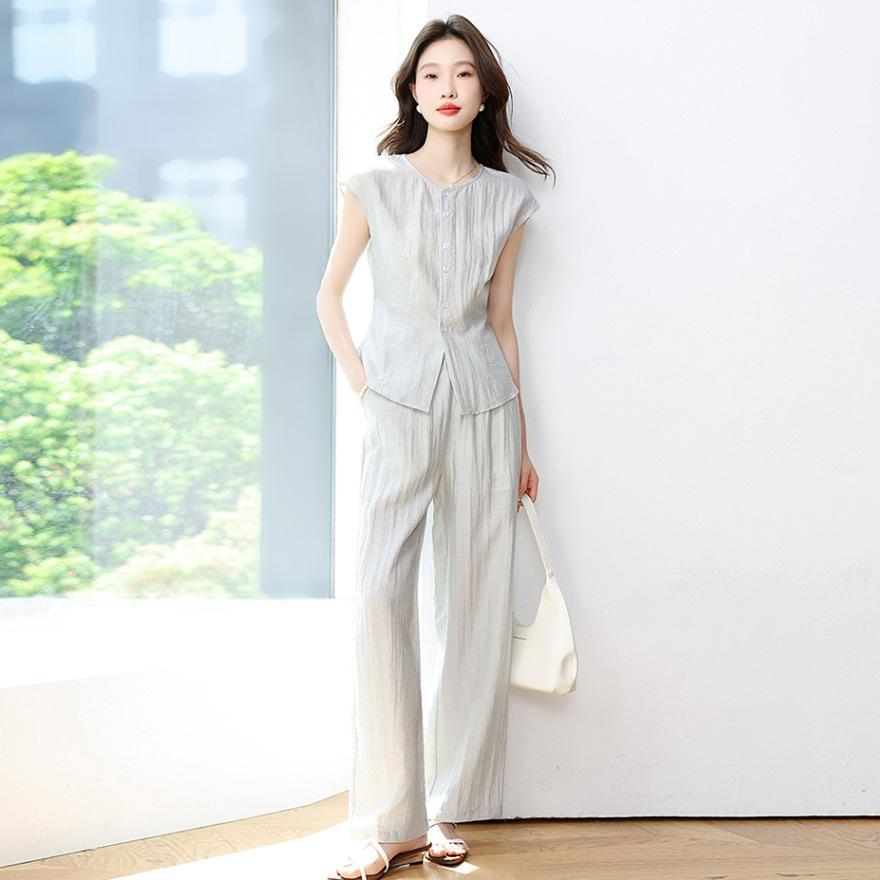 

Модный однобортный топ с коротким рукавом, дизайн брюк широкого кроя, комплект из двух предметов, новый повседневный свободный костюм для женщин XXL серый