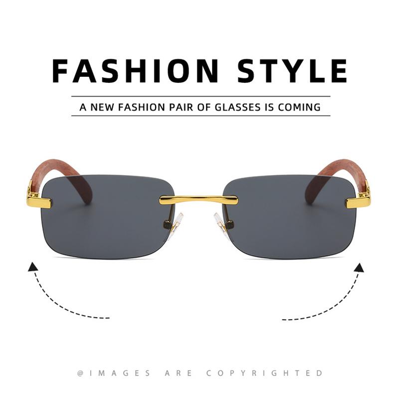 Fashion Vintage Small Rimless Square Sunglasses Women Men Luxury Brand Designer Popular Travel Driving Wooden Sun Glasses Uv400