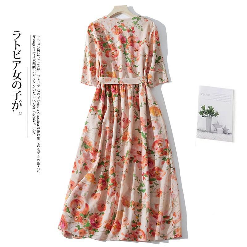 Floral Cotton and Linen Dress for Women's 2025 Summer New Loose Retro Waist and Thin V-neck Seven-quarter Sleeve Pendulum Length