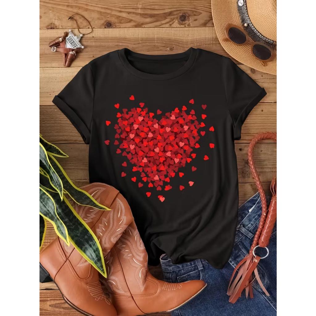 Heart Print Crew Neck T-Shirt, Casual Short Sleeve Top for Spring & Summer, Women's Clothing