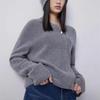 Women's Grey 100% Pure Wool Round Neck Cardigan with Pearl Zipper