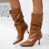Patent Leather Pointed Toe High Heel Mid-Tube Boots Women's Fashion Sleeve Pleated Non-Slip Stack Boots