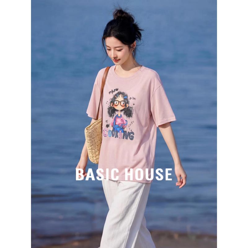 Basic House Women s Pink Print Round Neck Loose Short Sleeve T-Shirt One Size