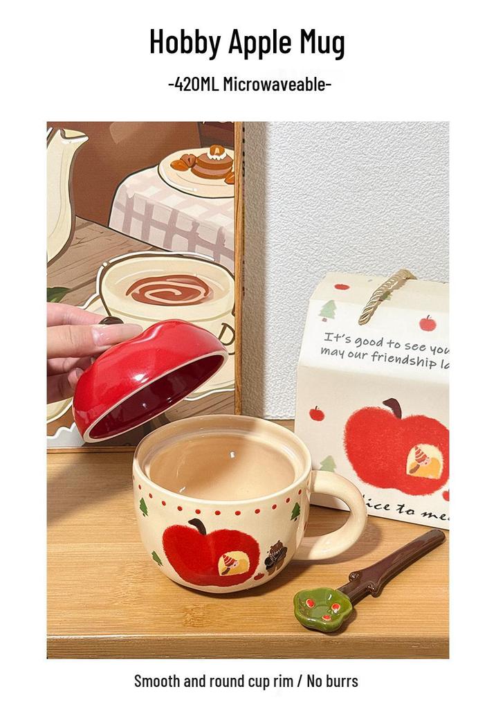 Apple Ceramic Mug with Lid & Spoon - Cute Office & Breakfast Cup, Perfect Birthday Gift for Women