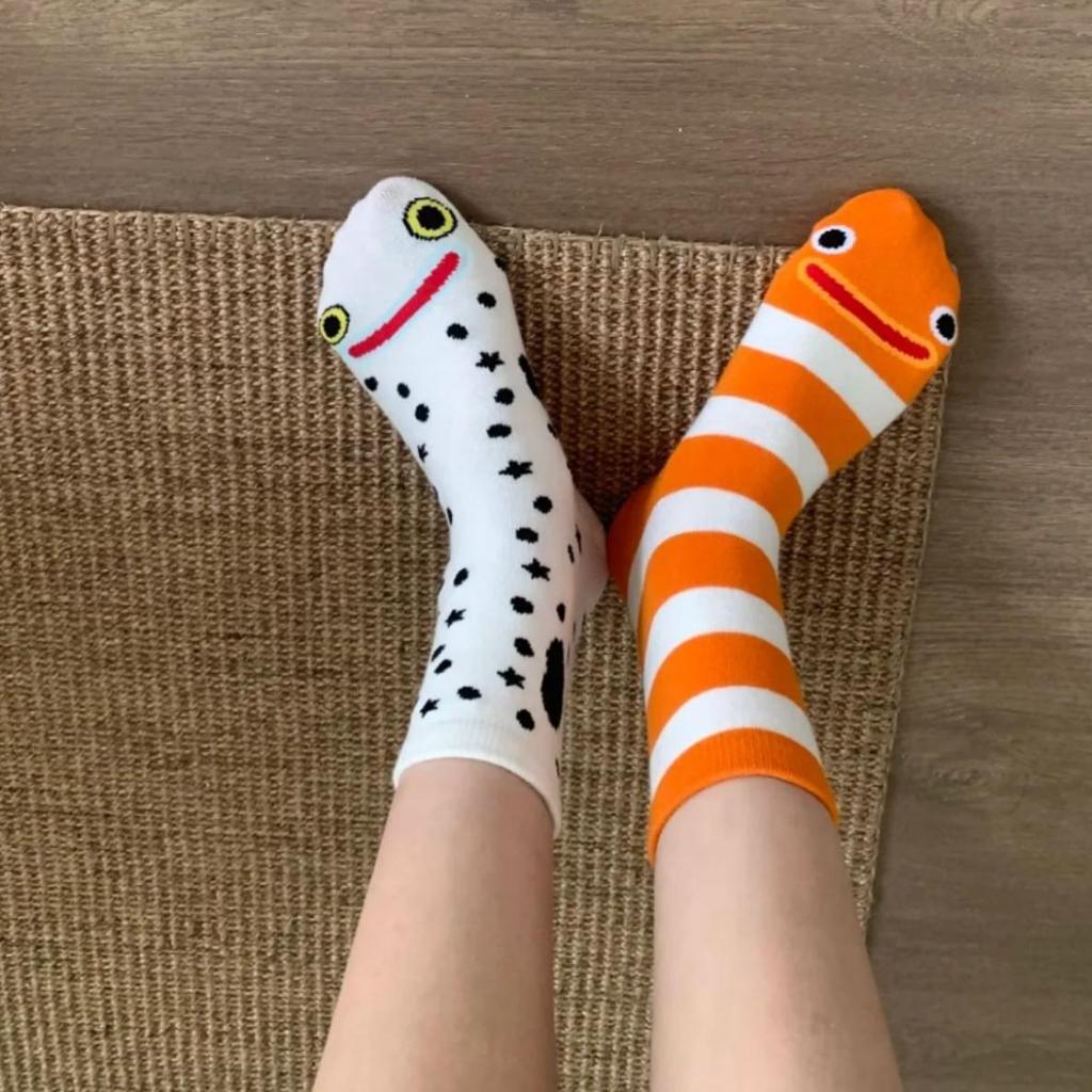 Striped Conger Eel Mid-Calf Socks - Cute & Funny Xiaohongshu Style for Spring & Autumn