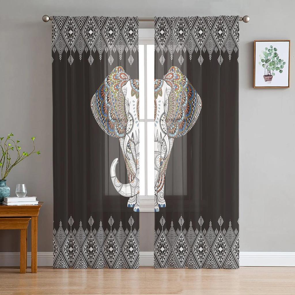 Elephant Hand Drawn Indian Style Sheer Curtains For Bedroom Living Room Tulle Curtains For Kitchen Window Voile Curtains