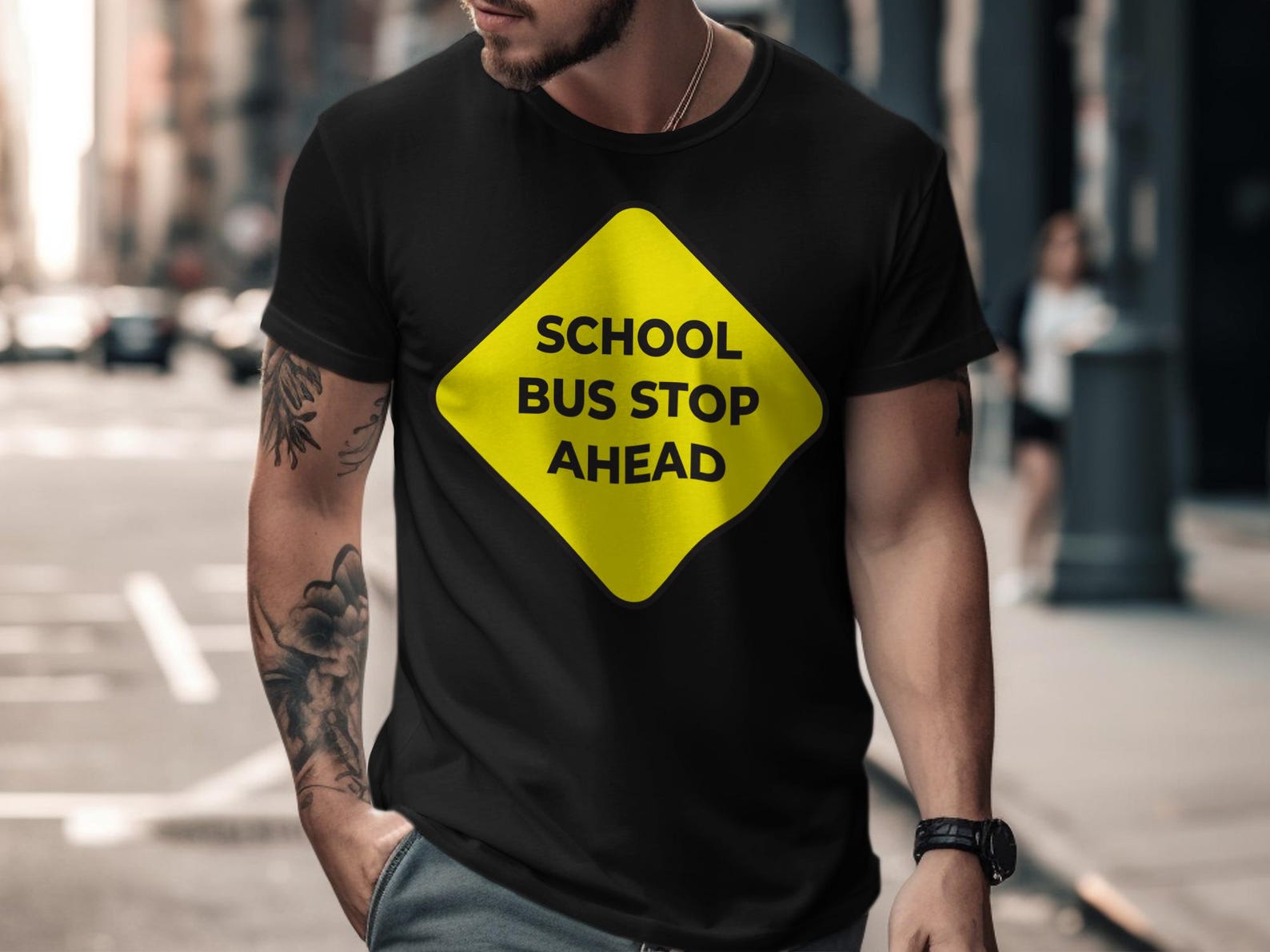 School Bus Stop Ahead Sign T-Shirt, Iconic Road Warning Tee, Back To School Apparel 4XL