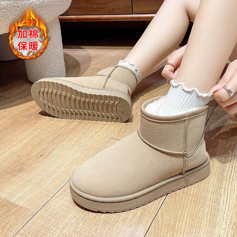 Fashion Winter Brown Snow Boots Plush Suede Ankle Boots Waterproof Warm Cotton Women Boots Slip On Fleece Thickened Flat Short Booties