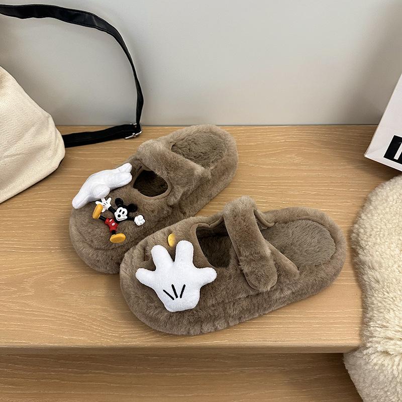 High-value Cartoon Mickey Thick-bottomed Cotton Slippers 2025 New Sweet and Cute Foreign-style Fluffy Slippers