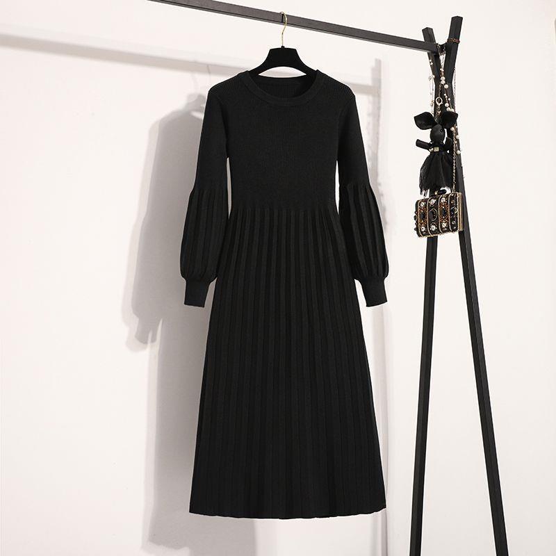 

Elegant Mid-Length Lantern Sleeve Knit Dress for Plus Size Women - Stylish Winter Fashion with Pleated Design M (Recommended for 90-100 kg)