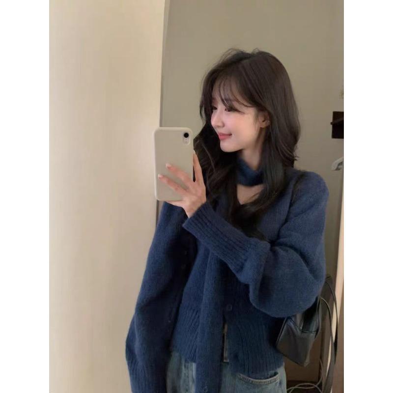 Elegant Winter Long Sleeve V-neck Cardigan Sweater Jacket Neck Scarf Korean Fashion Long Sleeve Loose Casual Coats New Retro Clothes 1889