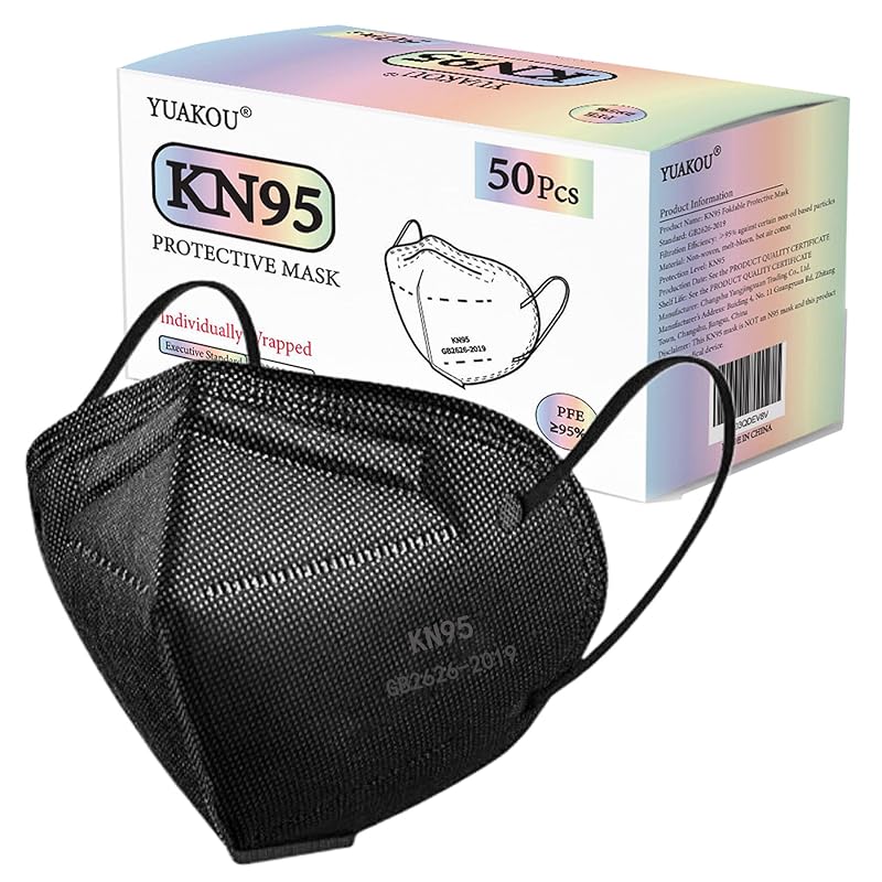 YUAKOU KN95 Protective Face Masks 50pcs, Breathable Comfortable, Disposable Individually Wrapped,5-Ply Protection KN95 Adults Mask Black