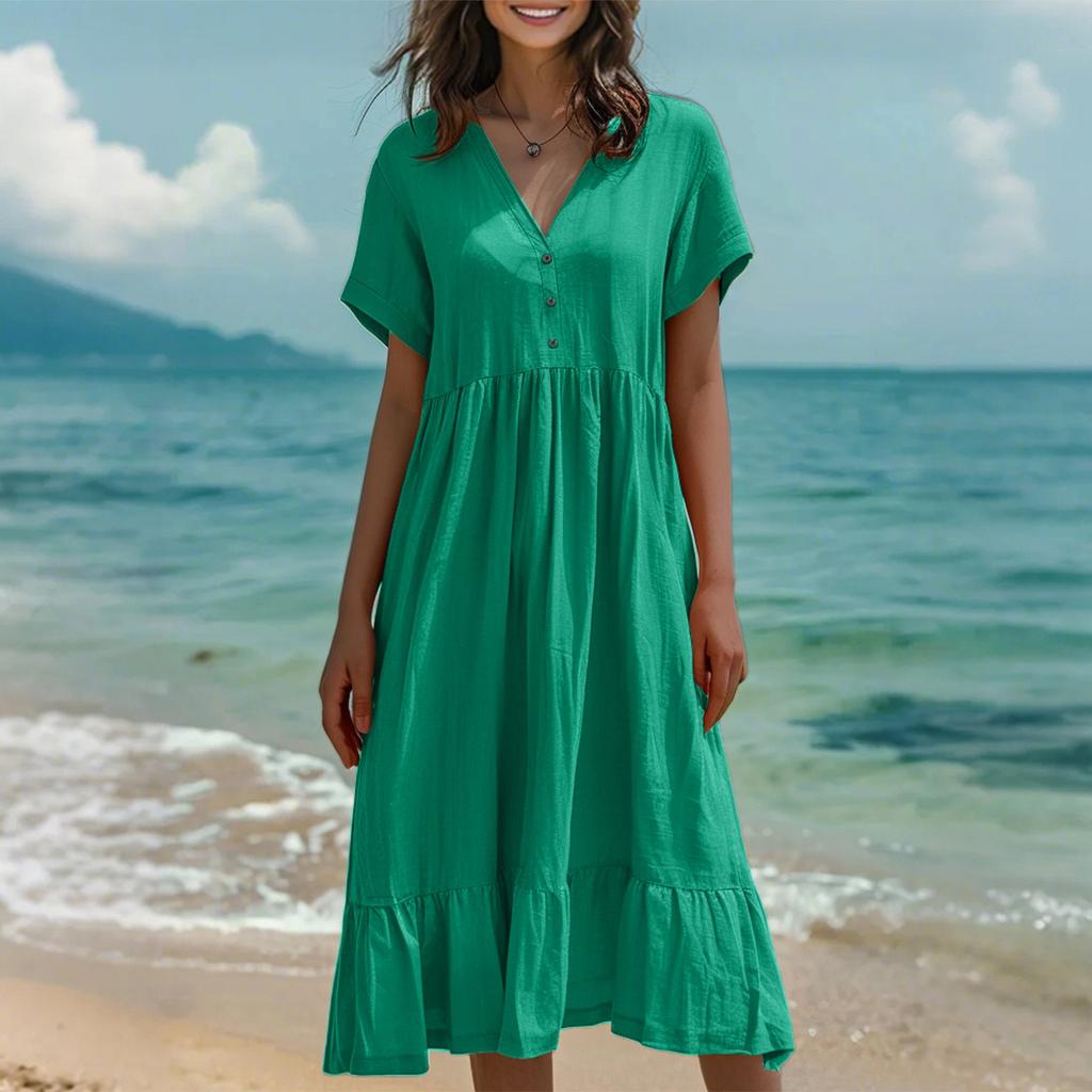 Women's Fashion Color Short Sleeve Cotton Linen Patchwork Pleat Dress