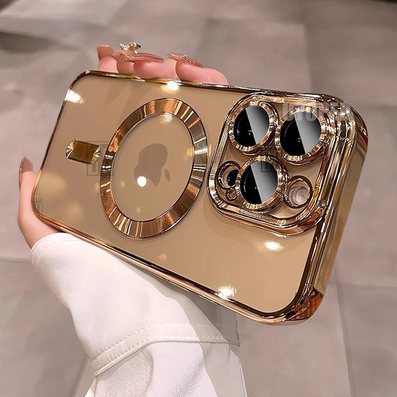 

Новый ТПУ чехол с гальваническим покрытием для защиты от падений для iPhone 16 15 14 13 12 11 Pro Max Plus Magsafe Магнитный Прозрачный Пленка для защиты объектива Мягкая накладка For iPhone 13 Pro