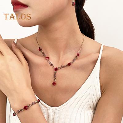3 Pcs/Set Red Rose Jewelry Set Floral Theme Romance Vintage France Style Valentines Day Mothers Day Present Earrings Adjustable Rhinestone Necklace