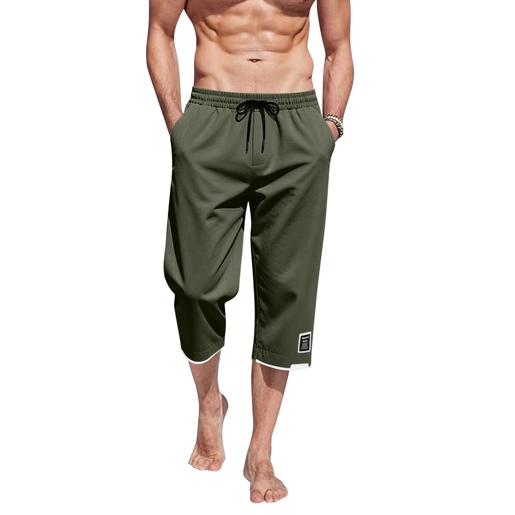 Herren Sieben-Viertel-Hose Elastischer Bund Kordelzug Tasche Lässig Strand Yoga Capri-Hose Leicht Bequem