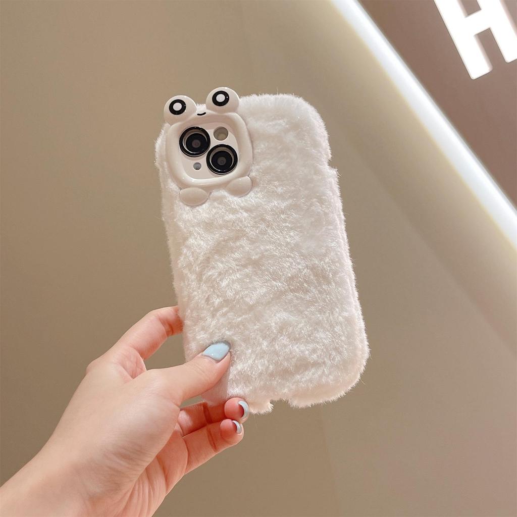 Custodia in Peluche a Forma di Rana per Telefono per iPhone 17/16/15/14 Pro/Pro Max - Morbida, Carina, Cornice Autunnale/Invernale
