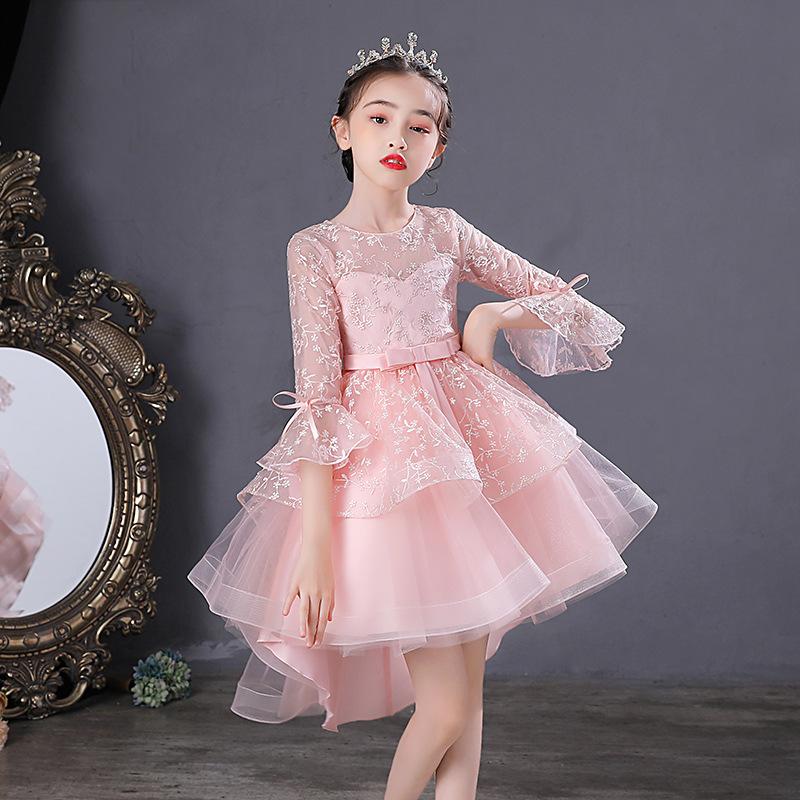 Girl Dress Party Birthday Embroidered Mesh Bow 3/4 Sleeve Princess Sweet Dresses Kids Clothes